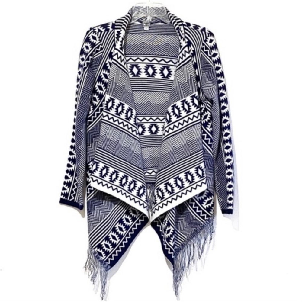 Poof! Blue and white open waterfall boho Aztec cardigan